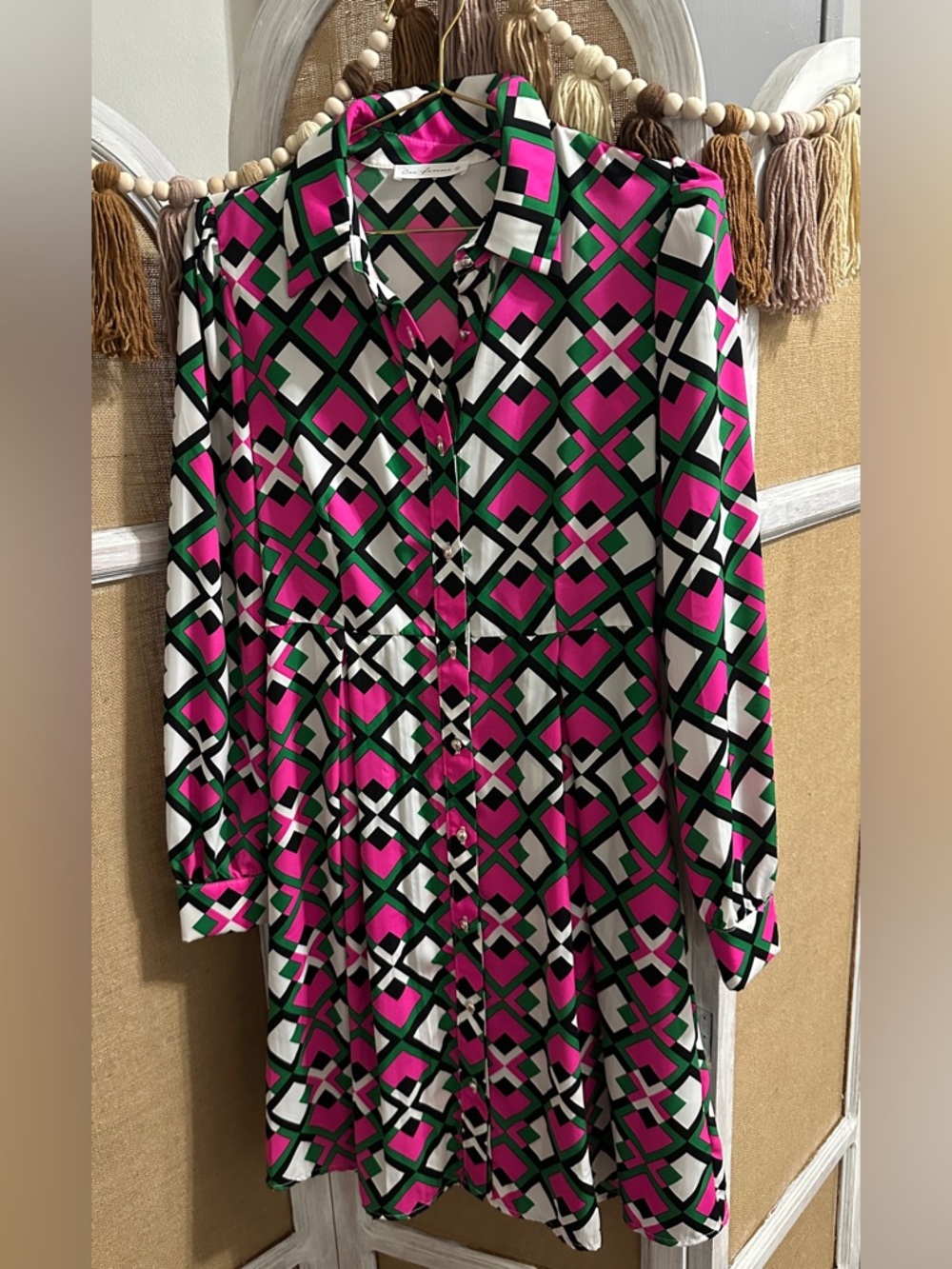 Ces Femme Geometric Button-Front Top in Pink, Green & White